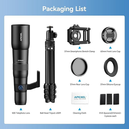 APEXEL 50x Telephoto Lens for iPhone & Android Phones | Wildlife Moon Photography Monocular Telescope | with Universal Clip & Tripod | High-Definition Optical Zoom Lens for Landscapes Target Viewing