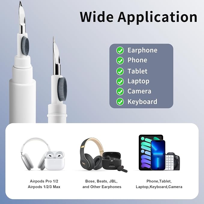 Cleaner Kit for Airpods Pro 1 2 3, 3-in-1 Multi-Function Cleaning Pen Tools Soft Brush Flocking Sponge & Metal Tip for Earbuds, Wireless Earphones, iPhone, Camera, Lens, Bluetooth Headphones (White)