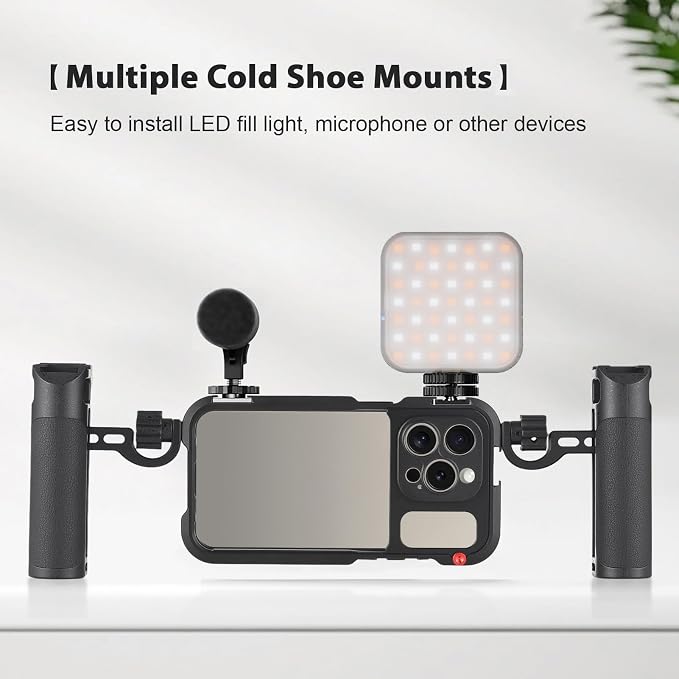 Andoer Portable Phone Cage with Dual Handles Mobile Phone Video Rig Handheld Smartphone Stabilizer Several Cold Shoe Mounts Replacement for iPhone 15 Pro