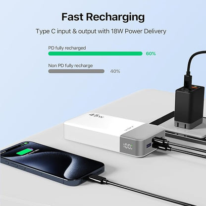 J2621 Power Bank Portable Charger 20000mAh 45W, PD3.0 QC 4.0 Fast Charging Battery Pack with LED Display,2 USB-C,2 USB-A for iPhone 15 16, MacBook