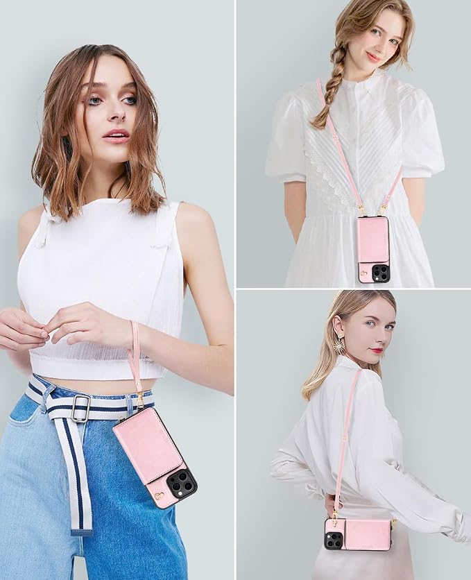 OCASE Compatible with iPhone 16 Pro Crossbody Wallet Case with Card Holder, PU Leather Zipper Handbag Phone Purse with RFID Blocking Kickstand Wrist Strap Lanyard 6.3 Inch, Pink