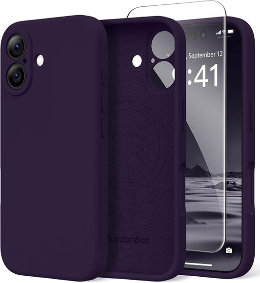Magnetic for iPhone 16 Case, Compatible with MagSafe, [Screen Protector + Full Camera Protection], Silicone Shockproof Anti-Scratch Protective Phone Case for iPhone 16 6.1", Deep Purple