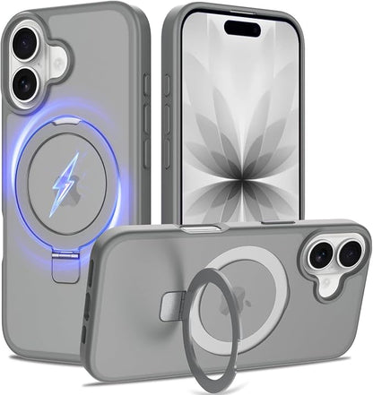 Ultra-Magnetic Stand for iPhone 17 Case [Military Drop Protection] [Compatible with MagSafe] Shockproof Translucent Matte Slim Ring Holder Case for iPhone 17 (Gray)