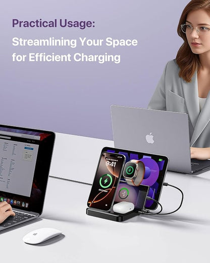 Multiple Devices Charging Station, 5-in-1 Charging Station for iPhone 17 Pro Max/Pro/Plus/16/15/14/13/12, iPad Pro/Air/Mini, Apple Watch and Airpods,Wireless Charging Dock(G805) (Lavender)