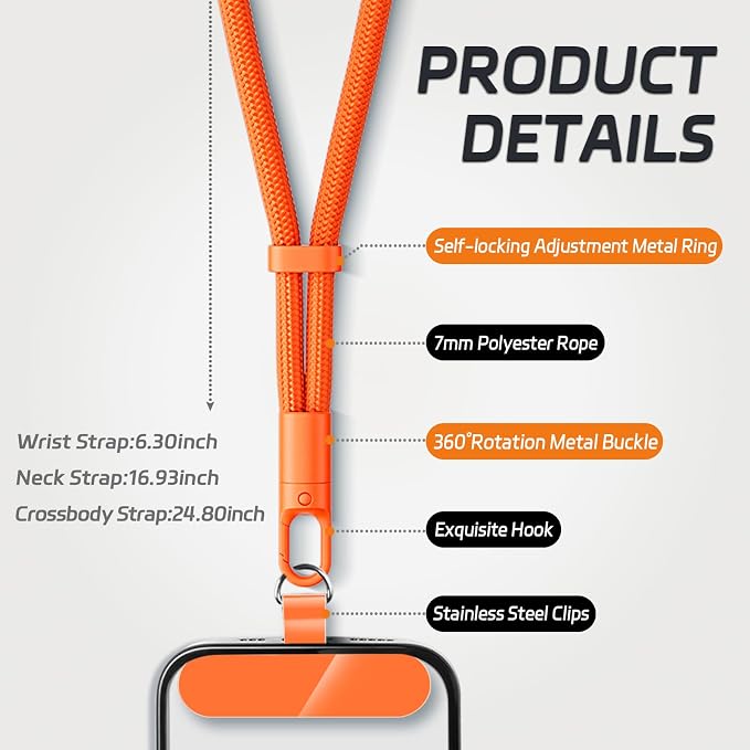 KITANIS 3 Pack Phone Lanyard,1×Phone crossbody strap,1×Phone Neck Strap,1×Wrist Strap,3×Tether Tabs,Universal Cell Phone Multifuctional Patch Polyester Lanyards(Orange)