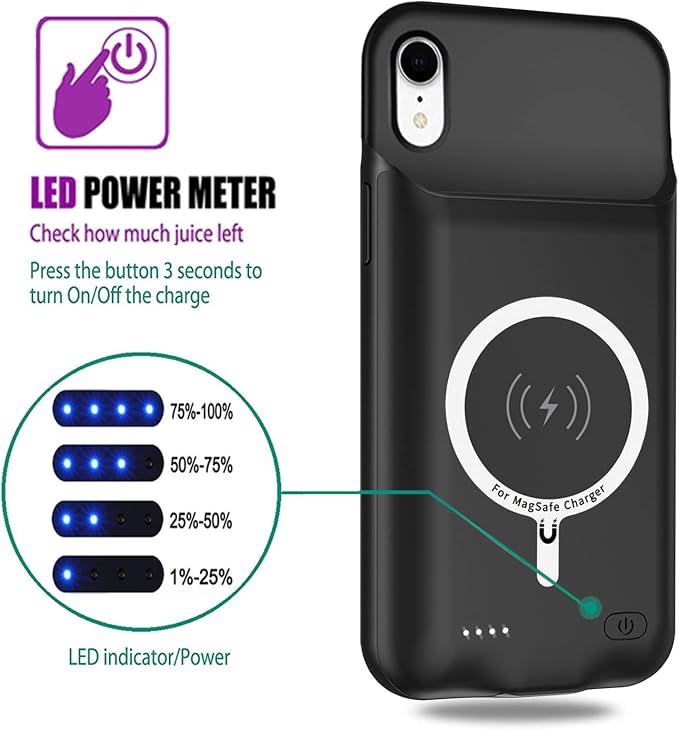 Battery Wireless Charging Case for iPhone XR, 10000mAh High Capacity Portable Rechargeable Protective Case Wireless Charging Compatible with iPhone XR (6.1 inch) Extended Battery Charger Cover (Black)