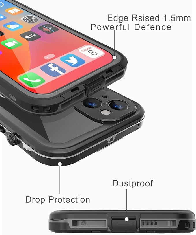 Design for iPhone 14 Waterproof Case, Full Body Shockproof Dust Proof Phone Case Cover with Screen Protector - Black