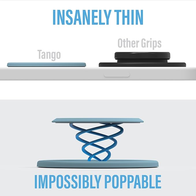 Tango Ultra Thin Grip for MagSafe: One Hand Open, Stand, 10x Expandable, Space Grade Steel, Removable for Wireless Charging. Half The Thickness, Twice The Fidget - Grey Blue