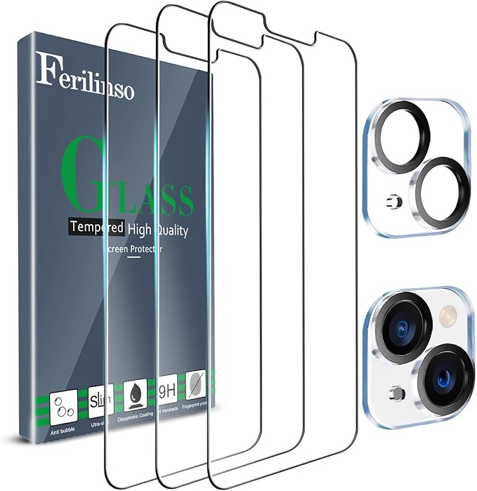 Ferilinso Designed for iPhone 13 Mini Screen Protector, 3 Pack HD Tempered Glass with 2 Pack Camera Lens Protector, Case Friendly, 9H Hardness, Bubble Free, 5G 5.4 Inch, Easy Installation