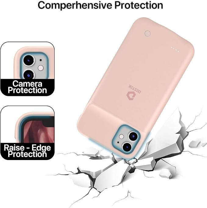 DESTEK Battery Case for iPhone 11, Real 4500mAh Ultra Slim Portable Charging Case Protective Rechargeable Charger Case Compatible w/Wire Earphones (6.1 inch/Pink)