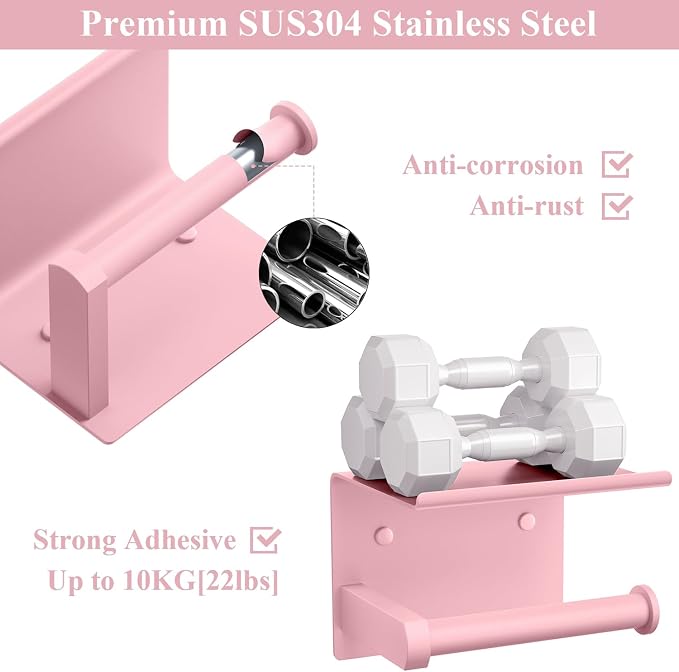 Tindbea Toilet Paper Holder with Phone Shelf, Adhesive or Screw Wall Mount Toilet Tissue Roll Holder, Rustproof & Multifunctional Stainless Steel Bathroom Storage Dispenser (Blush Pink)