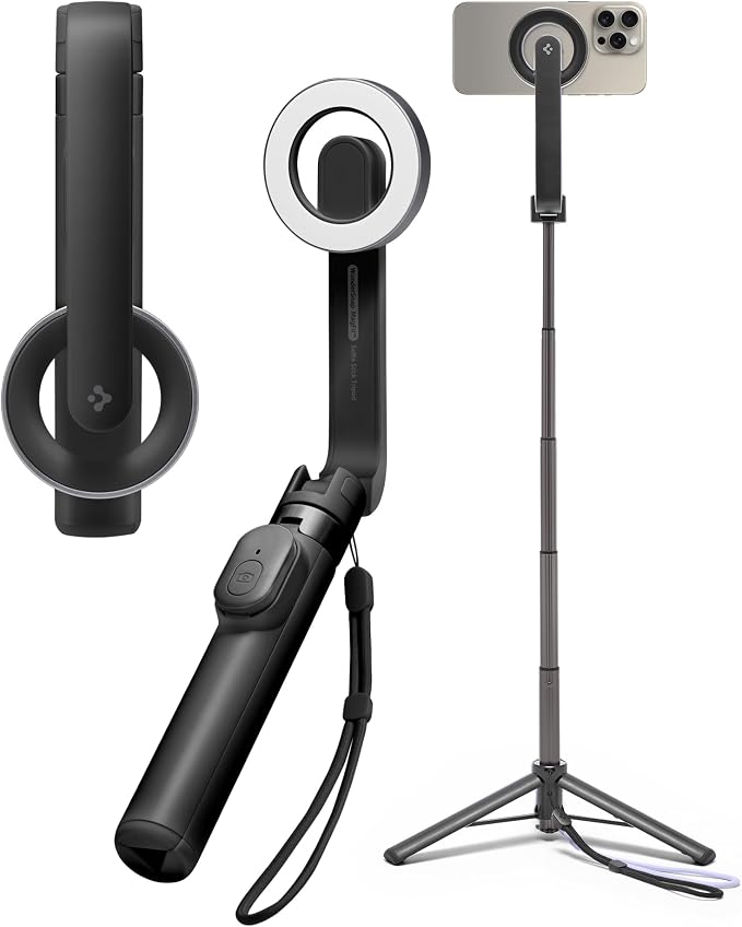 Spigen Selfie Stick Tripod Stand with Bluetooth Remote Control Shutter 24" Extendable Compatible with MagSafe iPhone 17/16/15/14/13/12 Pixelsnap Pixel 10 Series & More - Black (S571W)