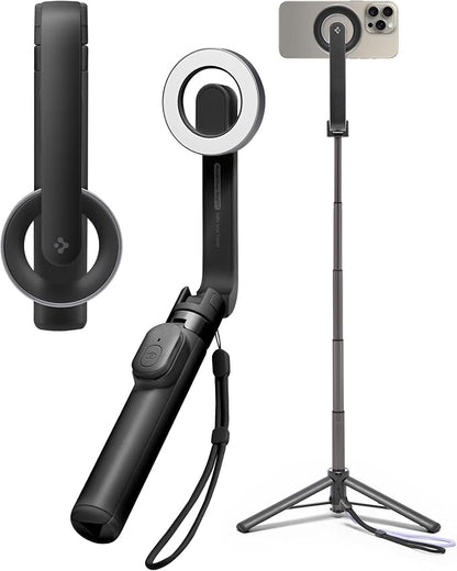 Spigen Selfie Stick Tripod Stand with Bluetooth Remote Control Shutter 24" Extendable Compatible with MagSafe iPhone 17/16/15/14/13/12 Pixelsnap Pixel 10 Series & More - Black (S571W)