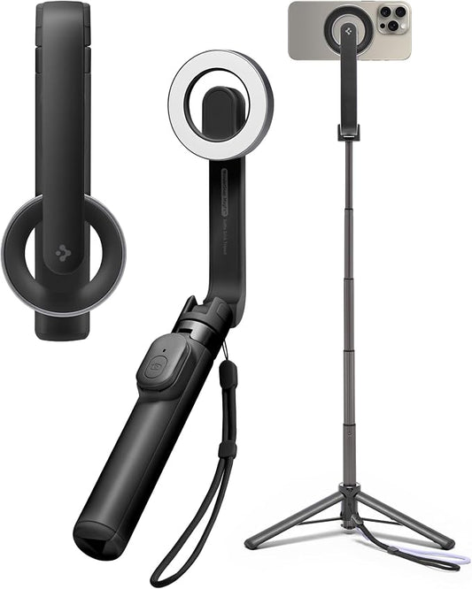 Spigen Selfie Stick Tripod Stand with Bluetooth Remote Control Shutter 24" Extendable Compatible with MagSafe iPhone 17/16/15/14/13/12 Pixelsnap Pixel 10 Series & More - Black (S571W)
