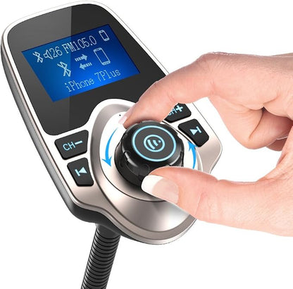 Nulaxy Bluetooth Car FM Transmitter Audio Adapter Receiver Wireless Handsfree Voltmeter Car Kit TF Card AUX 1.44 Display - KM18 Golden
