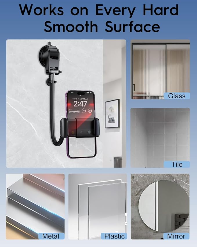 Long Arm Vacuum Suction Cup Shower Phone Holder Clip, Mirror Phone Mount For Bathroom Stick On Wall Makeup Mirror Kitchen Window Bathroom Phone Stand Fit For iPhone 16 15 14 13 12 & Cell Phones