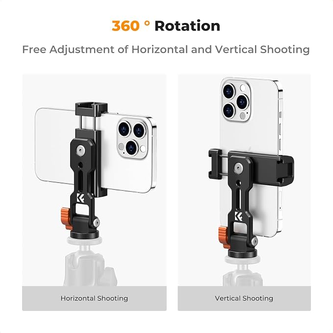 K&F CONCEPT Metal Phone Tripod Mount, Universal Smartphone Stand with 2 Cold Shoe Mount, Adjustable Cellphone Holder for Horizontal and Vertical Shooting, Compatible with iPhone/Samsung and All Phones