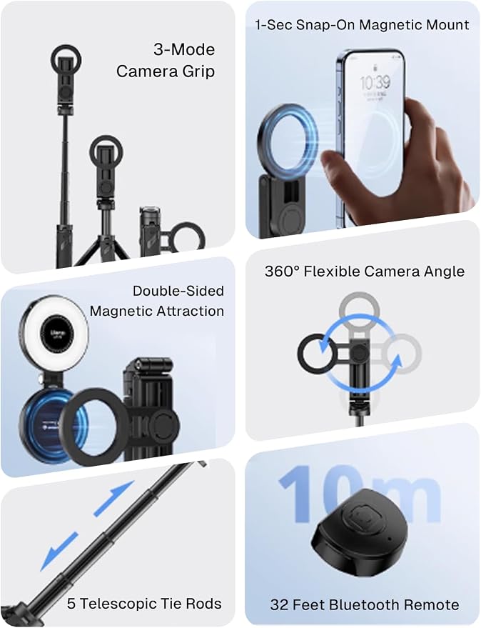 MAGIC JOHN Phone Tripod with 2 Selfie Light, Portable Pocket Size Selfie Stick for iPhone Magsafe, Selfie Stick with Detachable Remote Control for Photograph, Live Streaming, Video Recording