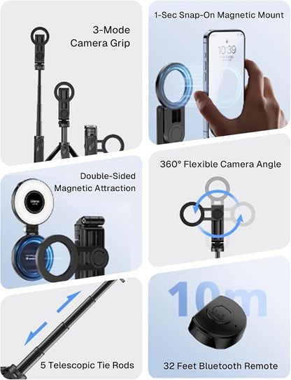 MAGIC JOHN Phone Tripod with 2 Selfie Light, Portable Pocket Size Selfie Stick for iPhone Magsafe, Selfie Stick with Detachable Remote Control for Photograph, Live Streaming, Video Recording