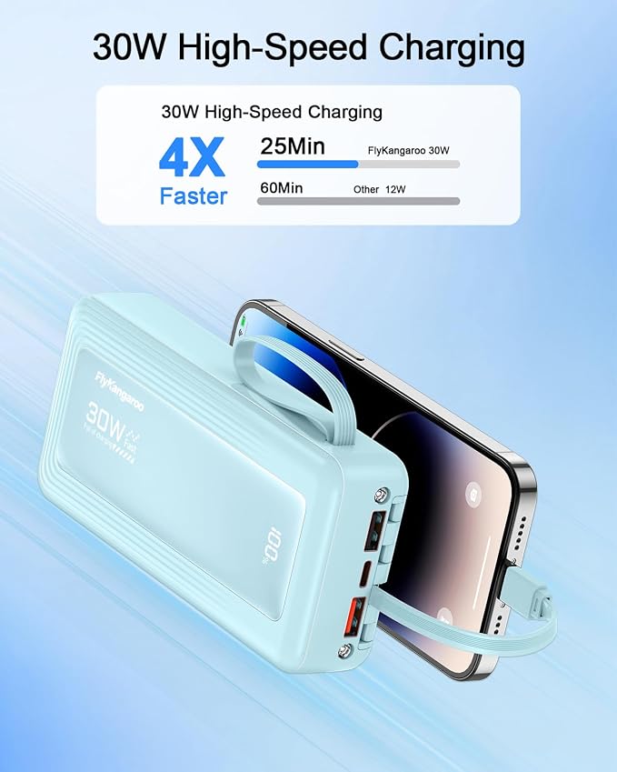 Portable Charger with Built-in Cables, 27000mAh Slim 30W Fast Charging Power Bank with LED Display, USB C Battery Pack 6 Outputs & 2 Inputs, Travel Essential Charger for iPhone, Samsung, Google etc