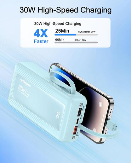 Portable Charger with Built-in Cables, 27000mAh Slim 30W Fast Charging Power Bank with LED Display, USB C Battery Pack 6 Outputs & 2 Inputs, Travel Essential Charger for iPhone, Samsung, Google etc