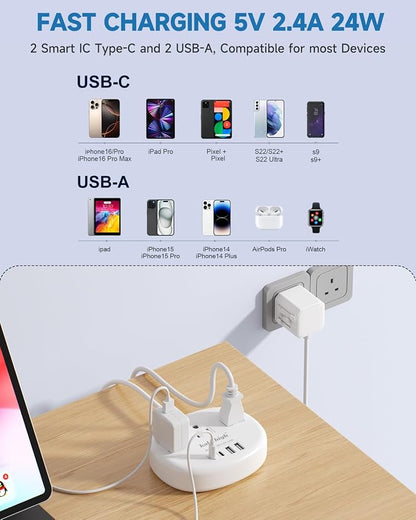 European Travel Plug Adapter, Multi Country Plug Adapter 3FT | Universal Travel Adapter with 3 USA Outlets and 4 USB Ports, Type A/C/G/I Plug Adapter for US to Most of Country