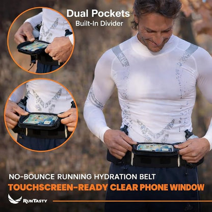 No.1 Hydration Belt by Runtasty - Premium Running Fuel Belt w/2 BPA-Free 10 oz Water Bottles, Tilt-Up Pocket w/Touchscreen-Ready Cover - Fits All iPhones, Runners Ebook & No-Bounce Design