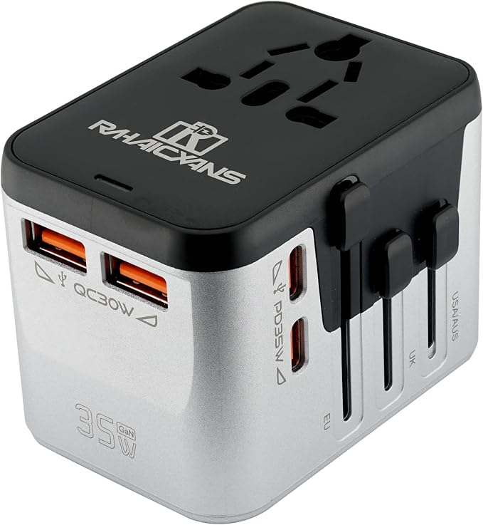 International Power Adapter with 4 Ports (2 USB-C & 2 USB-A) Fast Charging 35W Universal Travel Plug Adapter for USA, Europe, UK, Australia, China & 150+ Countries