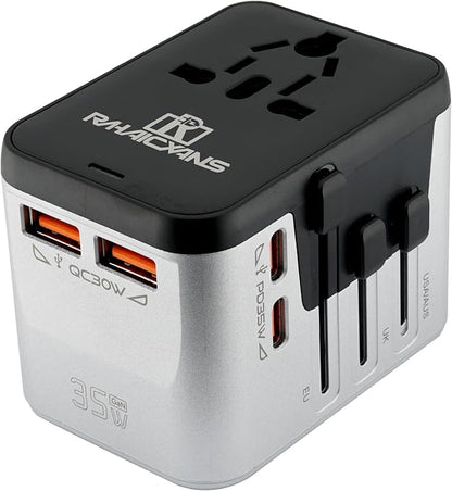 International Power Adapter with 4 Ports (2 USB-C & 2 USB-A) Fast Charging 35W Universal Travel Plug Adapter for USA, Europe, UK, Australia, China & 150+ Countries