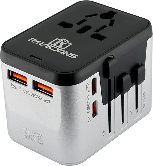 International Power Adapter with 4 Ports (2 USB-C & 2 USB-A) Fast Charging 35W Universal Travel Plug Adapter for USA, Europe, UK, Australia, China & 150+ Countries
