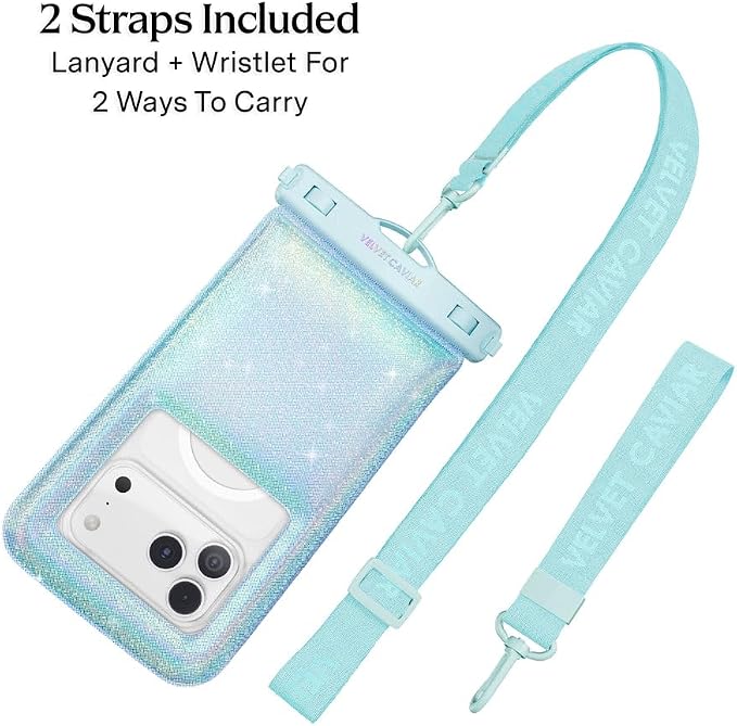 VELVET CAVIAR Waterproof Phone Pouch with Lanyard | IP68 Floating Case for iPhone & All Phones | Dry Bag for Snorkeling, Beach, Kayaking | Travel & Cruise Essentials for Women (Blue Mermaid Glitter)