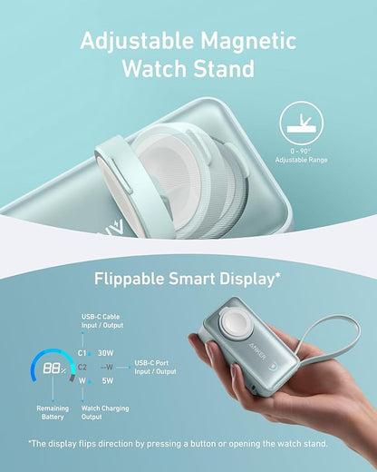 Anker MagGo Power Bank for Apple Watch, Officially Certified 10,000mAh Compact Battery Pack with Built-in USB-C Cable, 35W Max, for iPhone 15 Series, Samsung, iPad, AirPods, and More(Green)