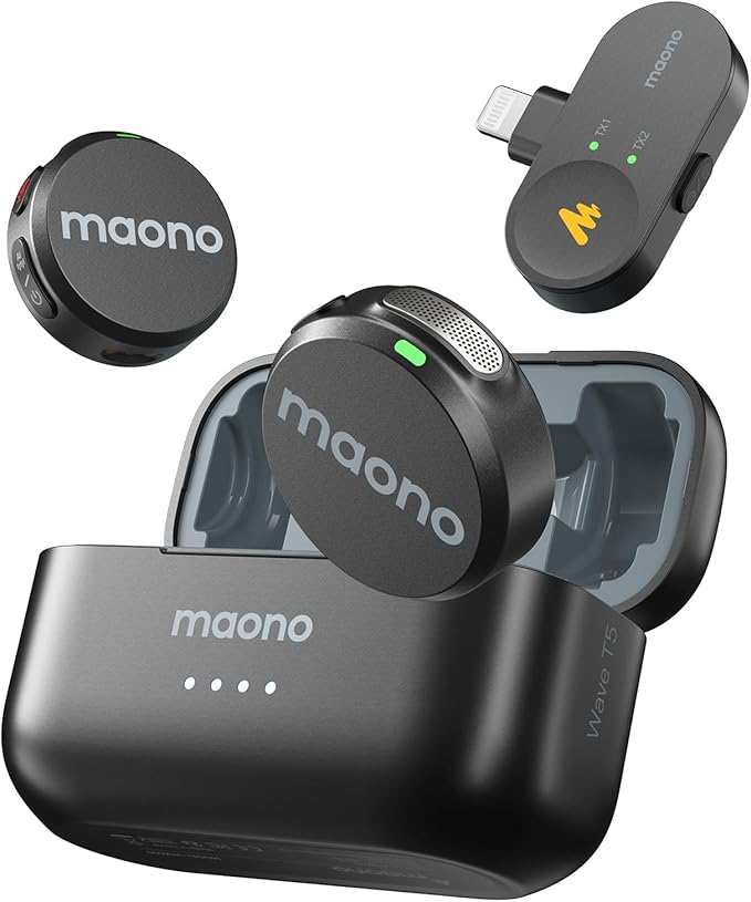 MAONO Wireless Lavalier Microphone for iPhone 14 & Below, MFi Certified Lightning Plug, 48KHz 24Bit, 1000ft Range, Voice Filter, Noise Cancellation, 30H Use for Video Recording, Streaming - Wave T5