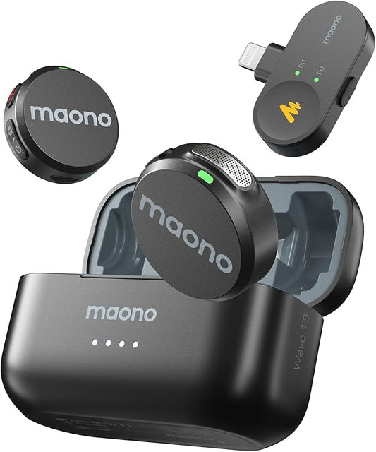 MAONO Wireless Lavalier Microphone for iPhone 14 & Below, MFi Certified Lightning Plug, 48KHz 24Bit, 1000ft Range, Voice Filter, Noise Cancellation, 30H Use for Video Recording, Streaming - Wave T5