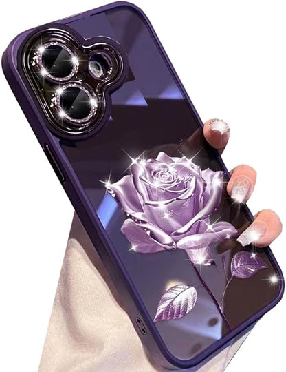 for iPhone 17 Fairy Rose Clear Case, Cute Flower Floral with Glitter Bling Sparkly Camera Lens Protector Soft TPU Bumper Shockproof Women Girls Slim Protective Case for iPhone 17 6.3", Purple