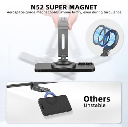 Magnetic Tripod for iPhone, Airplane Phone Holder for MagSafe Selfie Stick Adapter Travel Foldable Clip Clamp Plane Desktop Stand for iPhone 17 16 15 14 13 12 Pro Max Mini Accessories