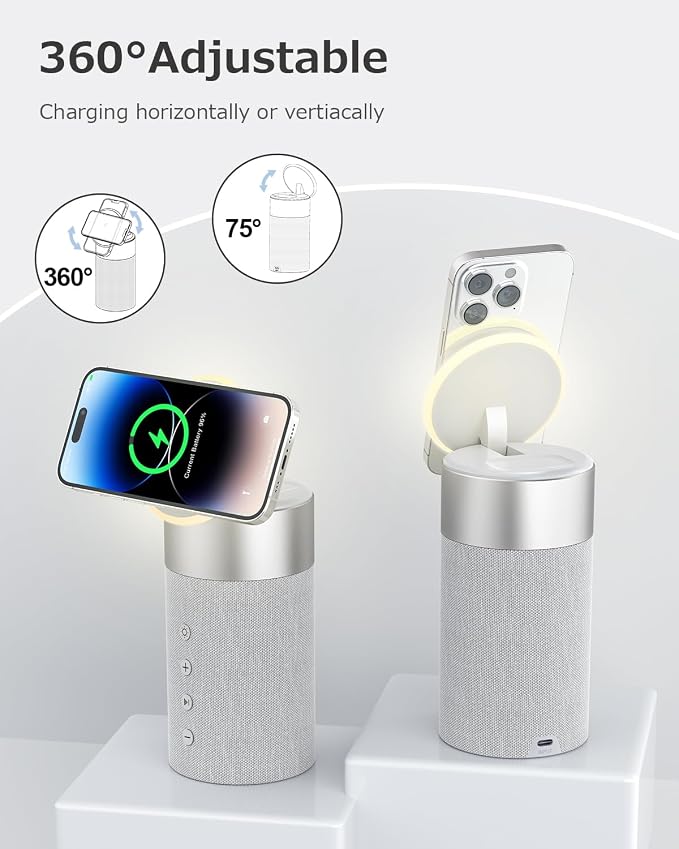 COLSUR Bluetooth Speaker, Magnetic Wireless Charger, Bluetooth Speakers with Night Light, 2 in 1 Wireless Charging Station for iPhone 17/16/15/14/13/12 Series, AirPods Pro 2/4/3/2（Gift Ideal）(Gray)