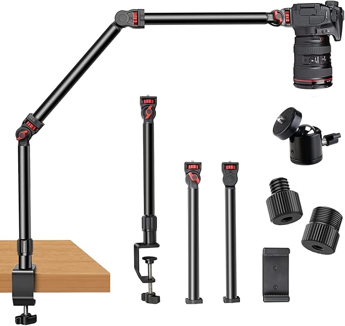 Overhead Camera Mount Desk Stand, 3-Section Flexible Detachable Articulating Arm with 1/4“ 3/8" 5/8" Screw&360° Ball Head, C-clamp Tabletop Mount for DSLR Camera/Webcam/Microphone/Lights