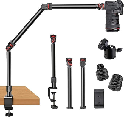 Overhead Camera Mount Desk Stand, 3-Section Flexible Detachable Articulating Arm with 1/4“ 3/8" 5/8" Screw&360° Ball Head, C-clamp Tabletop Mount for DSLR Camera/Webcam/Microphone/Lights