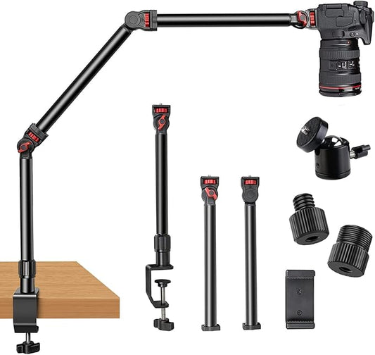 Overhead Camera Mount Desk Stand, 3-Section Flexible Detachable Articulating Arm with 1/4“ 3/8" 5/8" Screw&360° Ball Head, C-clamp Tabletop Mount for DSLR Camera/Webcam/Microphone/Lights