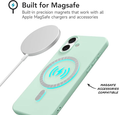 for iPhone 16 Plus Case Silicone Compatible with Magsafe Case, Ultra Slim Thin Magnetic Phone Cases Mag Safe, Cute Soft Rubber Gel TPU Matte Plain Wireless Charging Cover for Women, Mint Green
