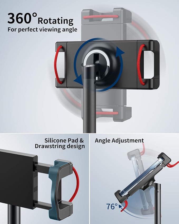 SAIJI Tablet Stand Holder, Extra-Height Adjustable Kindle Stand, 360 Degree Rotating iPad Holder, Aluminum Alloy Cradle Mount Dock for 4.7"-15.6" iPhone, Samsung, Tablets, Portable Monitor (Black)