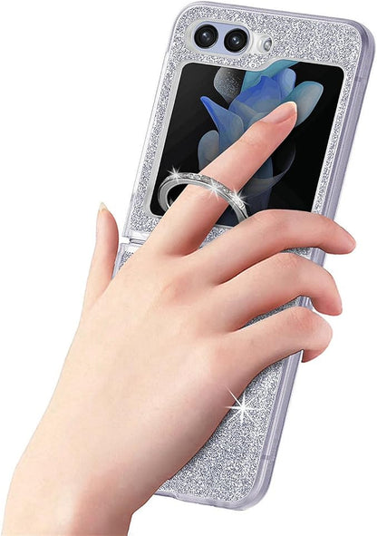 Bling Glitter Case for Samsung Galaxy Z Flip 6 with Ring Holder,Women Girls Cute Phone Case Non Slip Ultra Slim TPU Bumper Shockproof Protective Case for Galaxy Z Flip 6 5G 2024,Silver