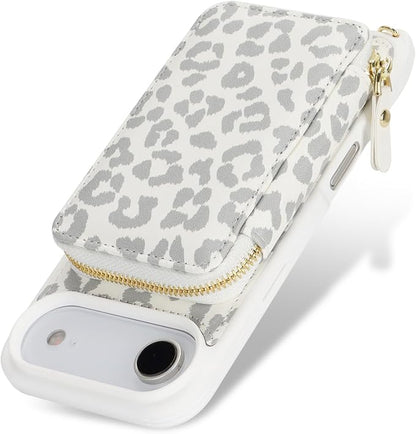 Crossbody Wallet Case for iPhone Air, PU Leather Zipper Handbag Purse Flip Cover, Kickstand Folio Case with Card Slots Holder Wrist Strap Lanyard 5G 6.5 Inch-White Leopard