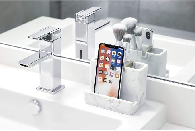 iDesign 28250 Dakota Resin Marble Vanity Center for Toothbrush, Cell Phone, Bathroom Countertops, Desks, Vanities, Dorm, Office - White Marble and Satin Metal Accents