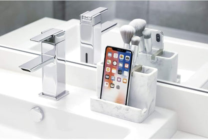 iDesign 28250 Dakota Resin Marble Vanity Center for Toothbrush, Cell Phone, Bathroom Countertops, Desks, Vanities, Dorm, Office - White Marble and Satin Metal Accents