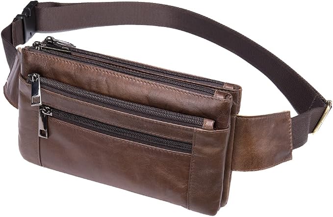 Hebetag Leather Waist Pack Fanny Bag for Men Women Running Travel Hiking Hip Bum Belt Slim Cell Phone Purse Wallet Vintage Retro Crossbody Sling Pouch (Brown)