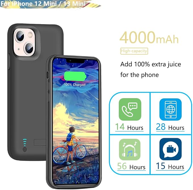 Sitong [Upgraded Battery Case for iPhone 12 mini & iPhone 13 mini, 4000mAh Rechargeable Extended Battery Charging/Charger Case, Add 100% Extra Juice (5.4 Inches) Black
