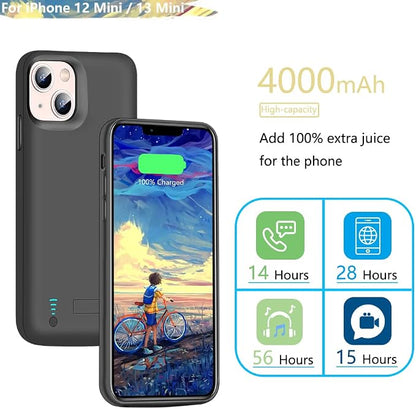 Sitong [Upgraded Battery Case for iPhone 12 mini & iPhone 13 mini, 4000mAh Rechargeable Extended Battery Charging/Charger Case, Add 100% Extra Juice (5.4 Inches) Black