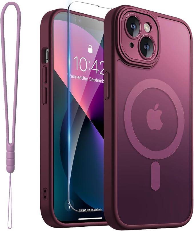 ROYBENS for iPhone 13 Matte Clear Case Compatible with Magsafe, Full Camera Lens Protection, Screen Protector, Wrist Strap, Translucent Magnetic Slim Hard Protective Phone Cover,6.1-Inch, Wine-Red